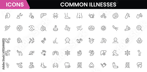 Common Illnesses line icons set. Common Illnesses outline icons with editable stroke collection. These Includes Breast Cancer, Depression, Brain Tumor, Allergy, Diabetes, and More.