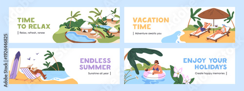 Advertising banners of travel agency and journeys set. Promotion templates for tourism and tours to sea resorts. Layouts with summer vacations on tropical beaches, oceans. Flat vector illustrations
