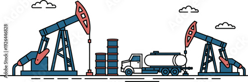 Oil pumpjack extraction industry concept, petroleum drilling rig and fuel tanker truck vector illustration