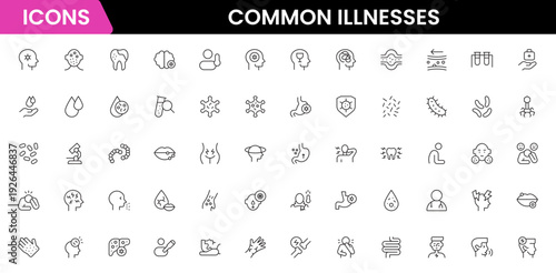 Common Illnesses line icons set. Common Illnesses outline icons with editable stroke collection. These Includes Breast Cancer, Depression, Brain Tumor, Allergy, Diabetes, and More.