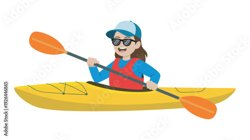 Flat Style Kayaker with Paddle in Yellow Kayak, Enjoying Sunny Adventure, Outdoor Water Sports, River and Lake Activity Vector Illustration