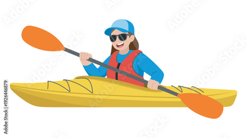 Flat Style Kayaker with Paddle in Yellow Kayak, Summer Adventure, Outdoor Water Activity, River Kayaking, Paddle Sport, Flat Minimalist Vector Artwork