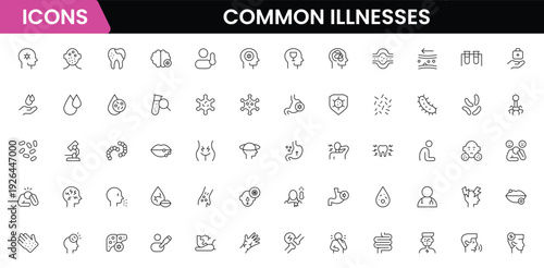 Common Illnesses line icons set. Common Illnesses outline icons with editable stroke collection. These Includes Breast Cancer, Depression, Brain Tumor, Allergy, Diabetes, and More.