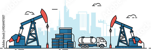 Oil pumpjack industry scene with refinery barrels and tanker truck urban skyline vector illustration energy production 
