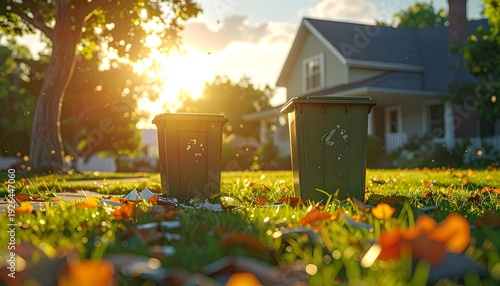 A sunny scene of two waste receptacles on a verdant lawn, with a house in the background. The leaves are in the foreground
