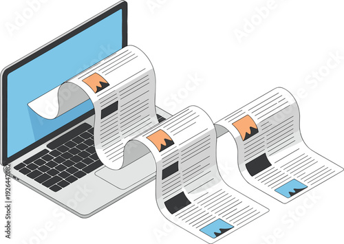 Online news streaming concept illustration, digital newspaper articles flowing from laptop screen