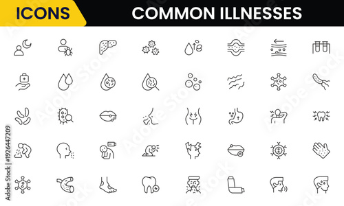 Common Illnesses line icons set. Common Illnesses outline icons with editable stroke collection. These Includes Breast Cancer, Depression, Brain Tumor, Allergy, Diabetes, and More.