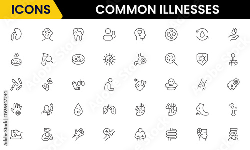 Common Illnesses line icons set. Common Illnesses outline icons with editable stroke collection. These Includes Breast Cancer, Depression, Brain Tumor, Allergy, Diabetes, and More.