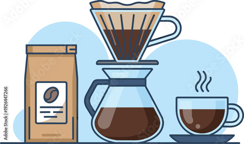 Pour over coffee brewing illustration, manual drip coffee maker with glass carafe and fresh beans