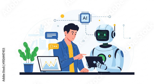 Man and robot collaborate on tablet at desk with laptop and cactus surrounded by ai symbols and chat bubbles in modern office setting with white background
