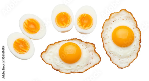 Boiled and fried eggs display showing different preparation methods for breakfast