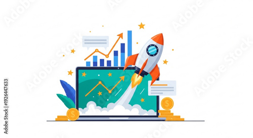Laptop with rocket launching from screen surrounded by graphs charts and gold coins symbolizing business growth and success