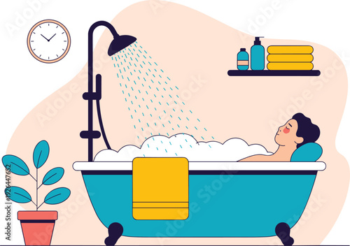 Relaxing bath time routine illustration, woman enjoying shower in bathtub with self care wellness concept