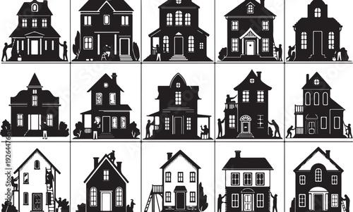 Black and white house silhouettes with people home