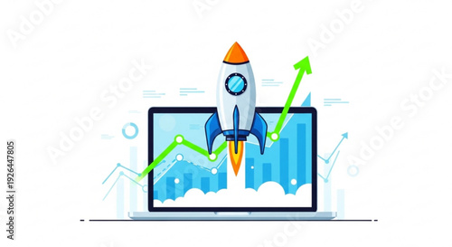 Rocket launching from laptop screen with growing graph and charts symbolizing business growth and success