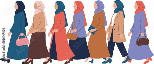 Stylish Muslim women walking in hijab fashion, modest clothing outfit collection flat illustration set