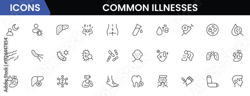 Common Illnesses line icons set. Common Illnesses outline icons with editable stroke collection. These Includes Breast Cancer, Depression, Brain Tumor, Allergy, Diabetes, and More.