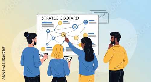 Diverse team collaborating on strategic board with flowchart brainstorming ideas and planning for business project in office