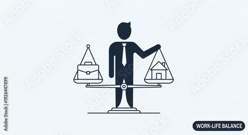 Man in business attire balancing work and life on a scale with a briefcase and house
