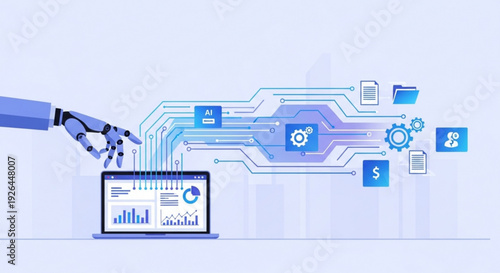 Robotic hand interacts with laptop and futuristic circuit board network with data icons and symbols