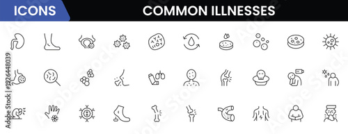 Common Illnesses line icons set. Common Illnesses outline icons with editable stroke collection. These Includes Breast Cancer, Depression, Brain Tumor, Allergy, Diabetes, and More.