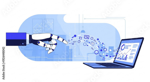 Robot hand interacts with human hand through digital interface on laptop with graphs and icons on screen in futuristic setting with blue tones
