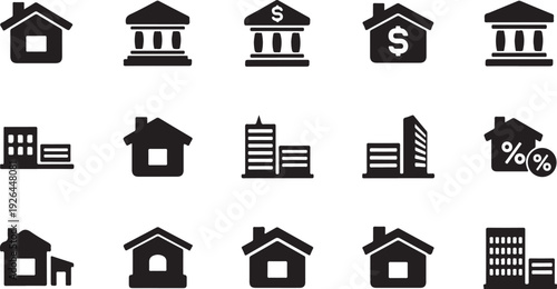 Black and white of houses and buildings with financial symbols