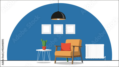 Modern Living Room Interior with Armchair Plant and Lamp Vector Illustration