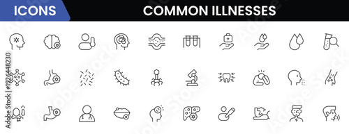 Common Illnesses line icons set. Common Illnesses outline icons with editable stroke collection. These Includes Breast Cancer, Depression, Brain Tumor, Allergy, Diabetes, and More.