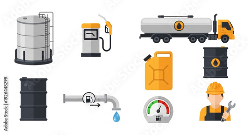 Various fuel and oil related objects and equipment for energy and industry.