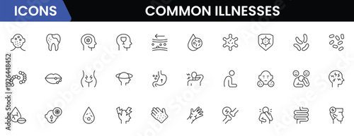 Common Illnesses line icons set. Common Illnesses outline icons with editable stroke collection. These Includes Breast Cancer, Depression, Brain Tumor, Allergy, Diabetes, and More.