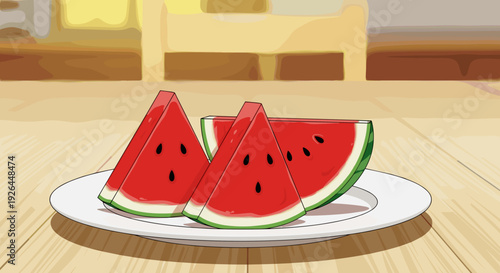 Slices of Watermelon on White Plate.