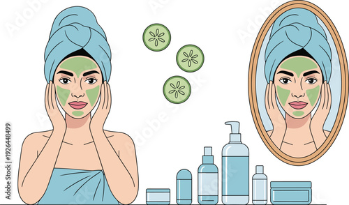 Woman applying facial mask at home, skincare routine with natural beauty treatment and cosmetic products