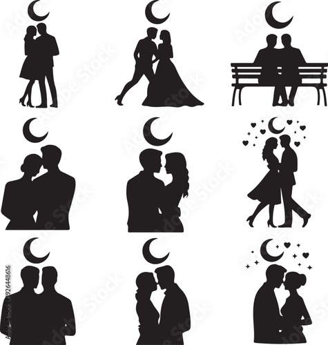 black silhouettes of couples in love on white background