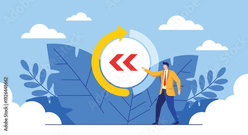 Business Recovery Concept Man Reversing Arrow Direction Vector Illustration