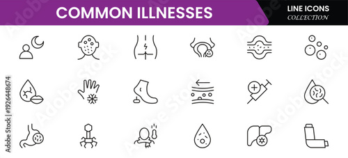 Common Illnesses line icons set. Common Illnesses outline icons with editable stroke collection. These Includes Breast Cancer, Depression, Brain Tumor, Allergy, Diabetes, and More.