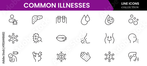Common Illnesses line icons set. Common Illnesses outline icons with editable stroke collection. These Includes Breast Cancer, Depression, Brain Tumor, Allergy, Diabetes, and More.