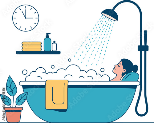 Woman relaxing in bathtub with shower, home bathroom hygiene routine and self care concept illustration