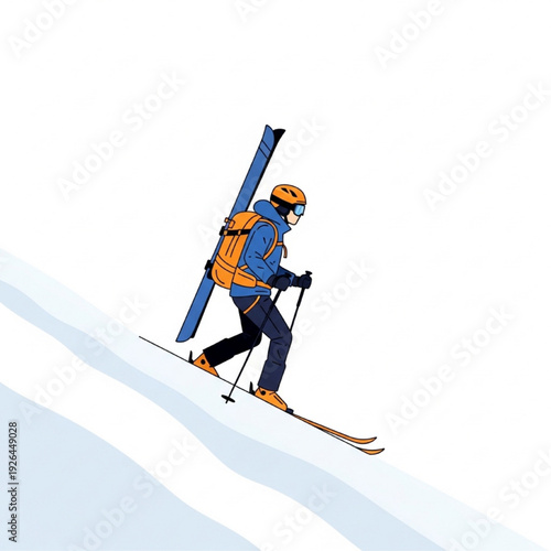 Backcountry Skier Ascending Snowy Mountain Slope Flat Vector Illustration Winter Ski Touring Adventure