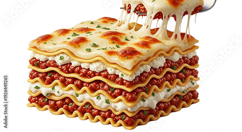 Layered lasagna with rich red meat sauce, creamy ricotta cheese, and melted mozzarella, close up