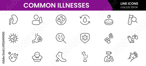 Common Illnesses line icons set. Common Illnesses outline icons with editable stroke collection. These Includes Breast Cancer, Depression, Brain Tumor, Allergy, Diabetes, and More.