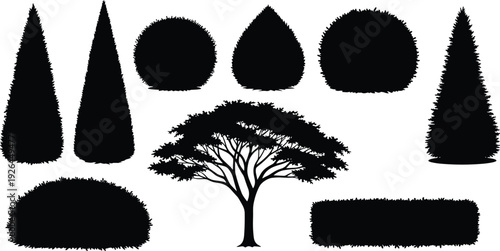Tree and bush silhouettes set, vector topiary shapes, garden plants collection, landscaping elements, isolated nature clipart for design projects