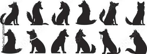 Collection of wolf and dog silhouettes in various sitting and standing poses canine animal