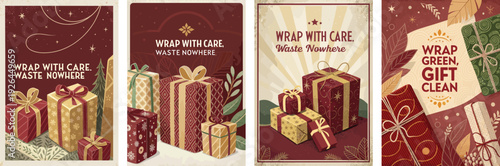Festive gift wrapping designs promoting sustainability with warm colors.