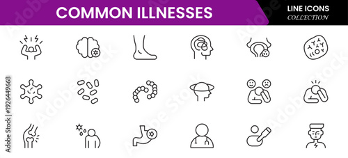 Common Illnesses line icons set. Common Illnesses outline icons with editable stroke collection. These Includes Breast Cancer, Depression, Brain Tumor, Allergy, Diabetes, and More.