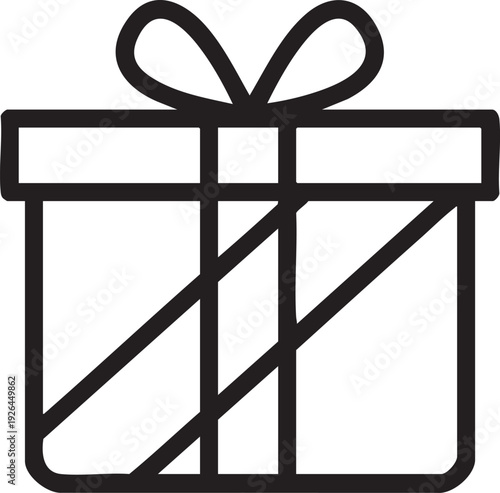 Simple black and white line art icon of a gift box with a bow.