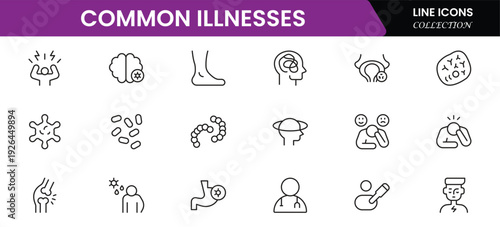 Common Illnesses line icons set. Common Illnesses outline icons with editable stroke collection. These Includes Breast Cancer, Depression, Brain Tumor, Allergy, Diabetes, and More.