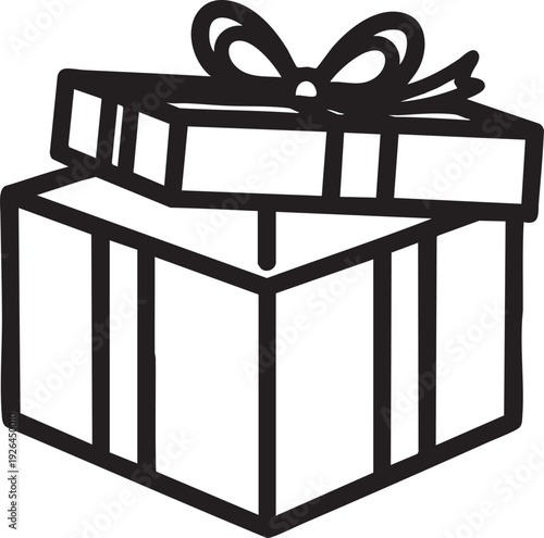 Open gift box with lid ajar, black and white line art illustration.