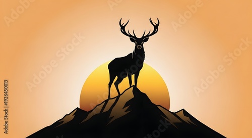 Silhouette of a majestic deer standing on a mountain peak at sunset