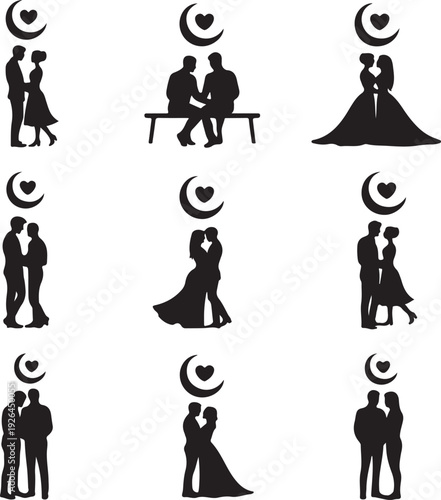 black silhouettes of couples in love with crescent moon and heart